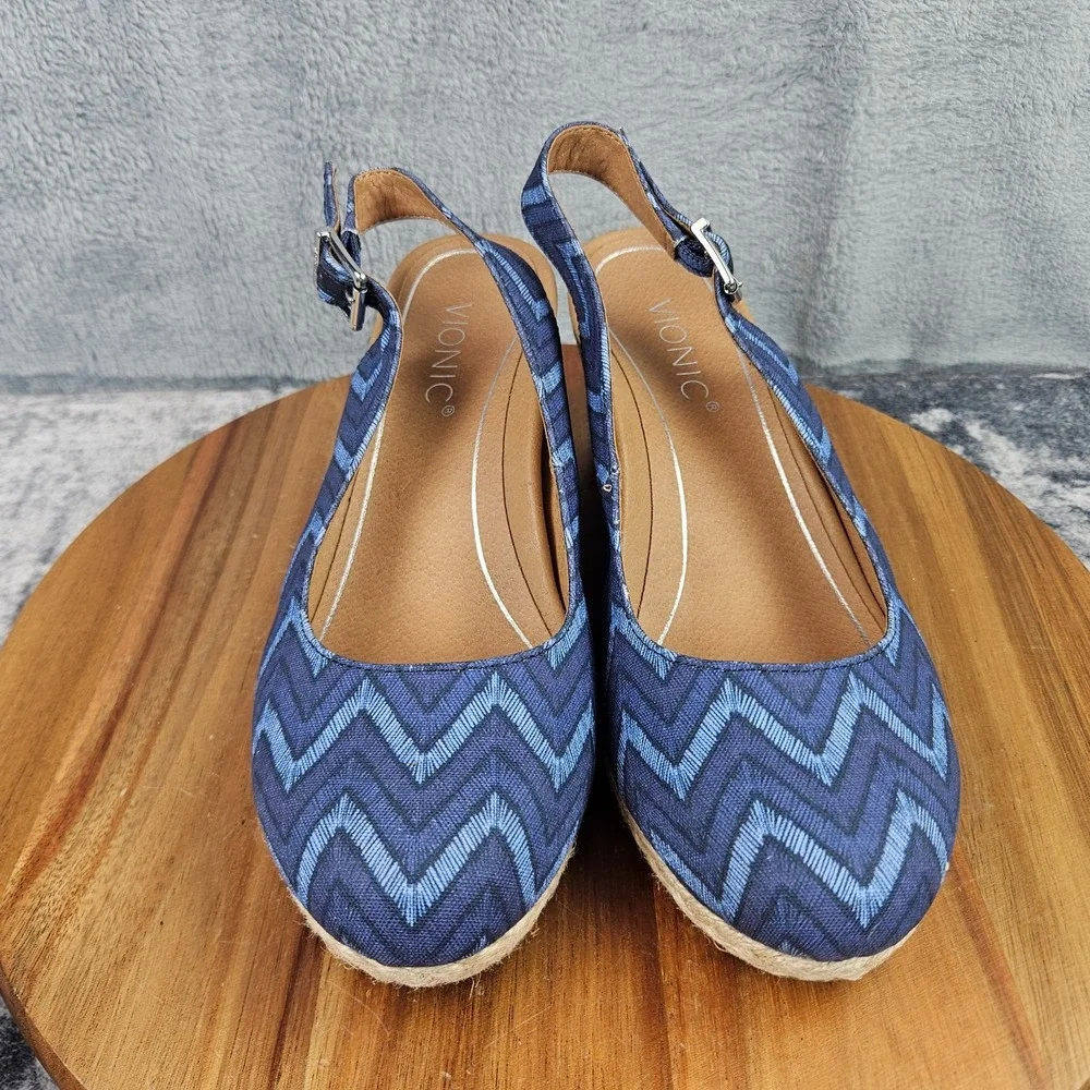 Vionic Coralina Espadrille Blue Chevron Print Slingback Wedge Sandals Womens 7.5